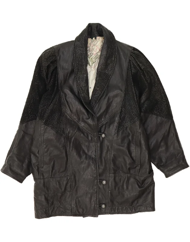 VINTAGE Womens Leather Coat UK 16 Large Black Animal Print Sporty Women's Athleisure VINTAGE Womens Leather Coat UK 16 Large Black Animal Print Sporty Women's Athleisure