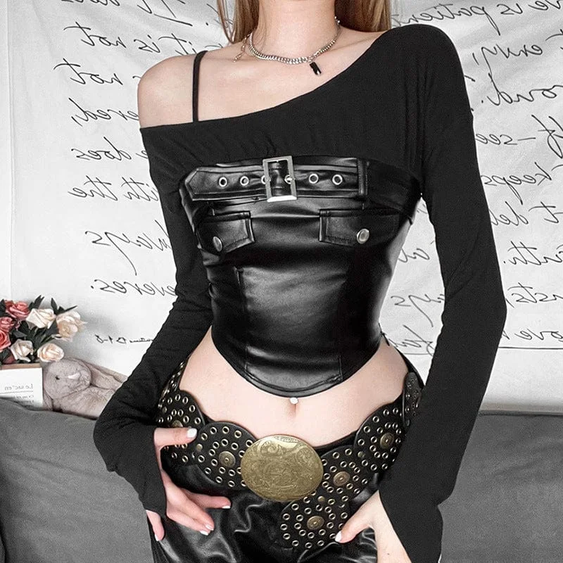 Women's Punk Slash Shoulder Faux Leather Splice Crop Top Dapper Women's Bow - adorned