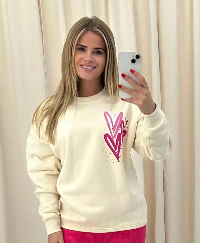 Miss Runway Pink Heart Graffiti Sweatshirt Cream Sleek Women's 
