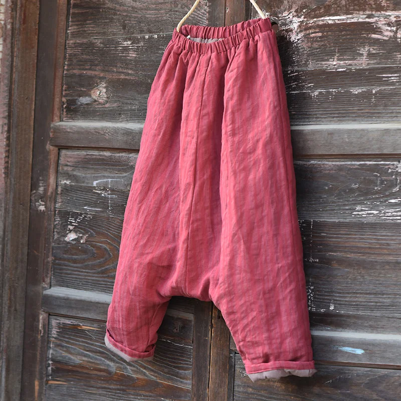 Women Striped Warm Drop-Crotch Cotton Linen Pants Relaxed Women's 