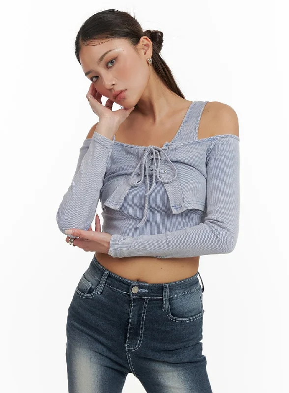 X Strap Corset Off Shoulder Cropped Long Sleeve CY402 Refined Women's 