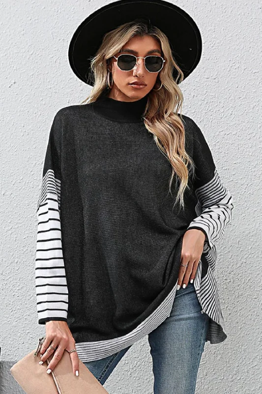 Striped Dolman Sleeve Mock Neck Knit Pullover Cozy Women's Winter