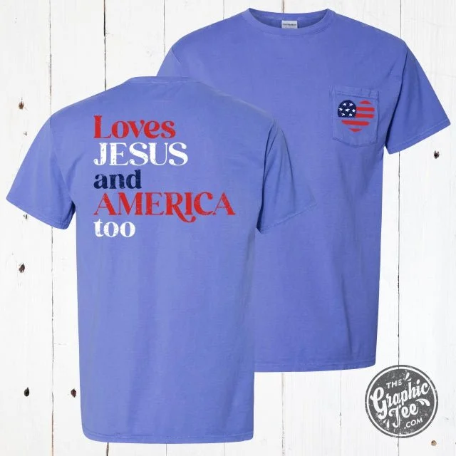 Loves Jesus and America Too Pigment Dyed Pocket Tee Sporty Women's Athleisure 