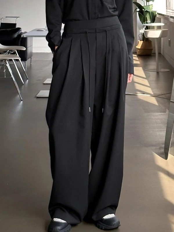 BerryBetty - Effortless Drawstring Pleat Wide Leg Pants Hip Women's Urban