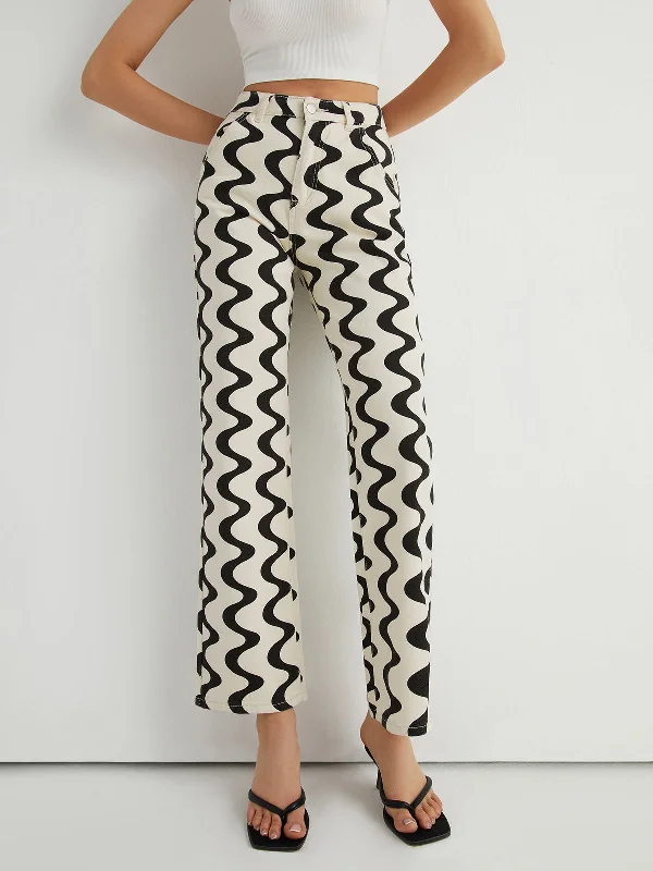 BerryBetty - Wavy Print Denim Jeans Vacation