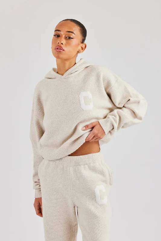 C Knitted Hoodie - Oatmeal Laid - back Women's Style