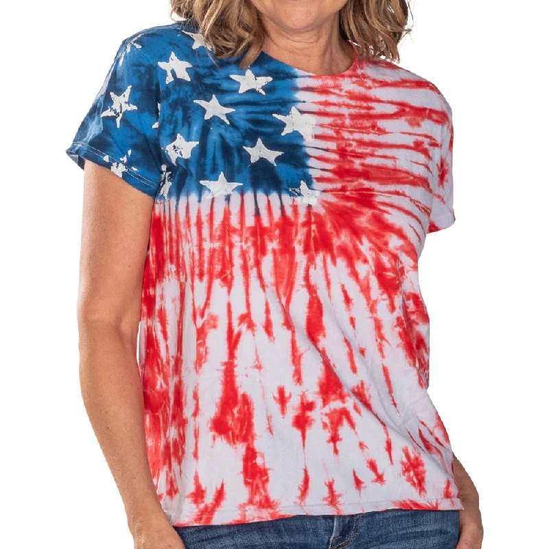 Women's Patriotic Tie Dye Painted Stars T-Shirt Laid - back Women's Vibe