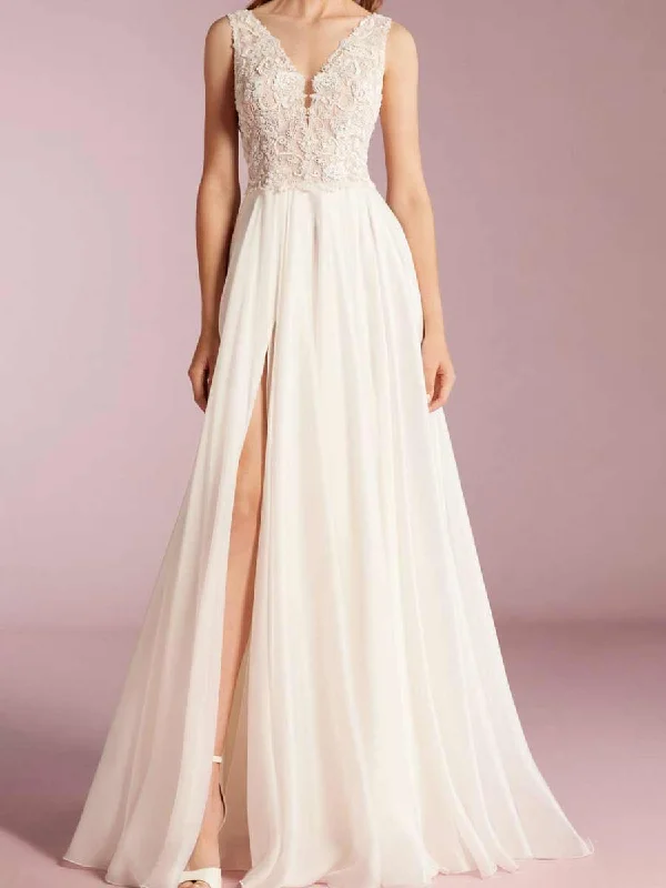 2024 Sleeveless V Neck Wedding Dress A-line Slit Athletic Women's 