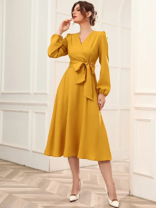 Plain Belted Long Sleeve V Neck Flared High Waist Midi Dress Modern Women's Tech