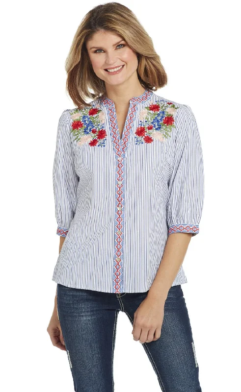 Cowgirl Up Womens White/Blue Cotton Blend Floral Blouson Blouse S/S Feminine Women's Style 