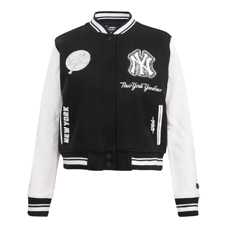 MLB NEW YORK YANKEES PEARLS WOMEN'S RIB WOOL VARSITY JACKET (BLACK/WHITE) Vacation MLB NEW YORK YANKEES PEARLS WOMEN'S RIB WOOL VARSITY JACKET (BLACK/WHITE) Vacation