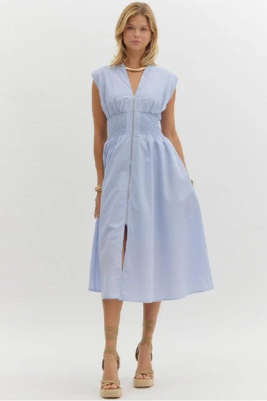 Elizabeth Zip Front Midi Dress in Baby Blue