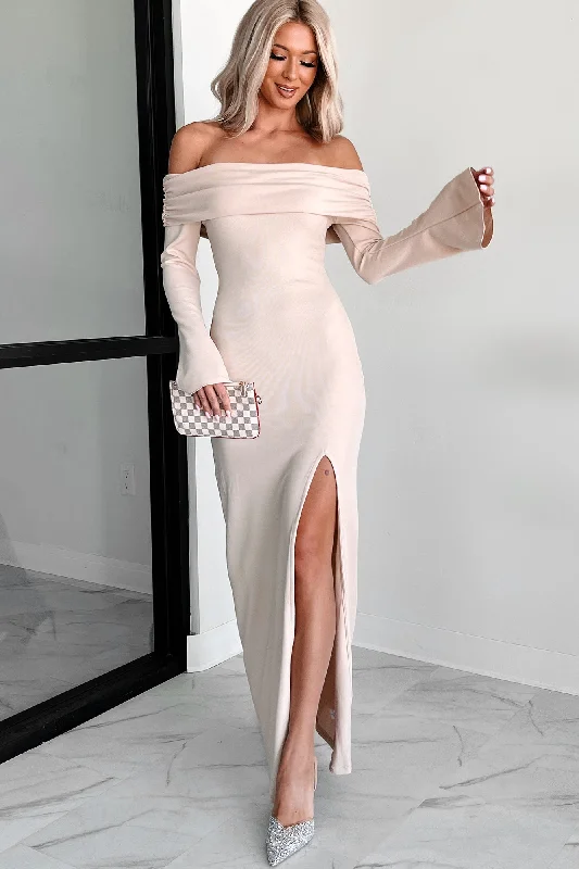 Cue The Drama Off The Shoulder Maxi Dress (Beige) Gym