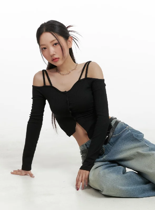 Cold Shoulder Button Ribbed Crop Top CA416 Tough Women's Military - inspired