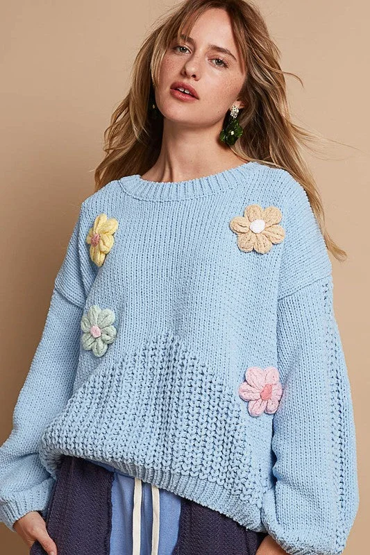 POL Crochet Flower Round Neck Dropped Shoulder Sweater Bold Women's Statement