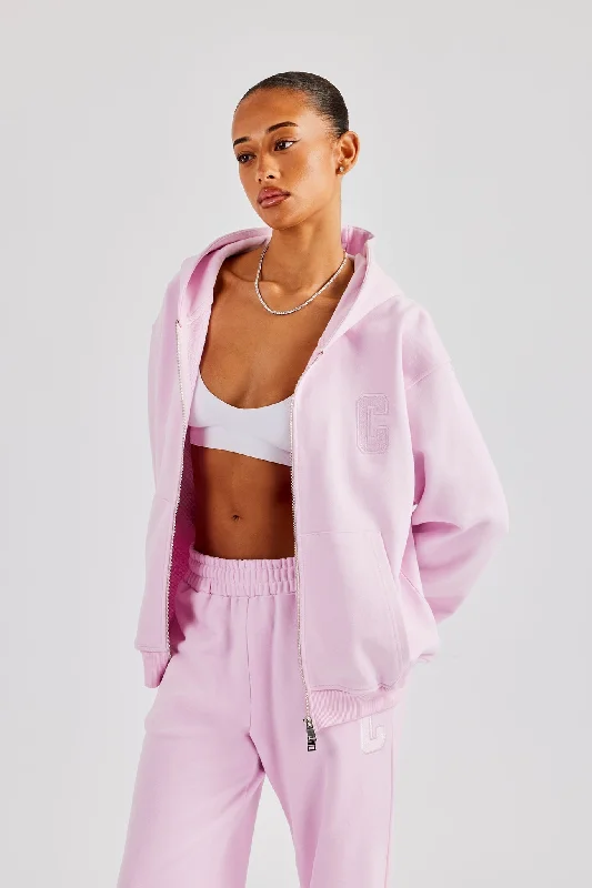 Embroidered C Zip Through Hoodie - Pink