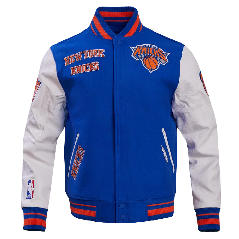 NBA NEW YORK KNICKS RETRO CLASSIC MEN'S RIB WOOL VARSITY JACKET (ROYAL BLUE/ORANGE) British Gentlewoman Style
