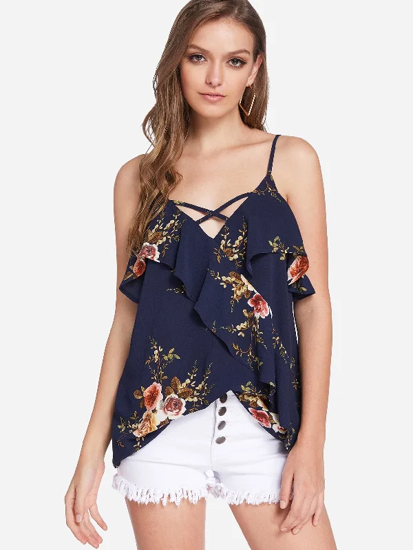 Custom V-Neck Floral Print Crossed Front Backless Spaghetti Strap Sleeveless Flounced Hem Navy Camis Monochromatic Office Style Custom V-Neck Floral Print Crossed Front Backless Spaghetti Strap Sleeveless Flounced Hem Navy Camis Monochromatic Office Style