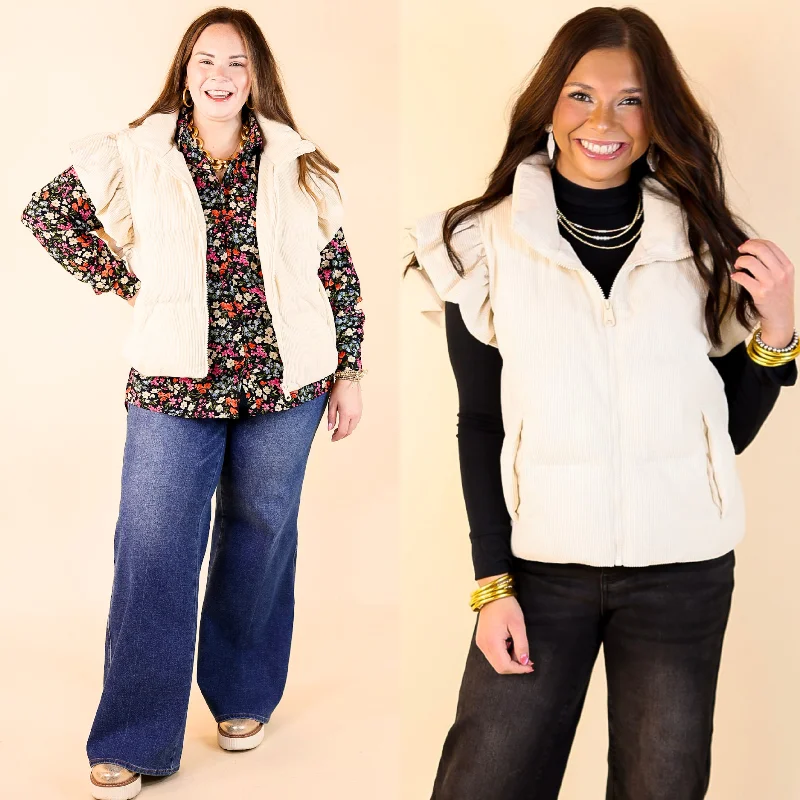 Winter Wanderlust Corduroy Puffer Vest with Ruffle Sleeves in Cream Cozy Women's Sherpa - lined