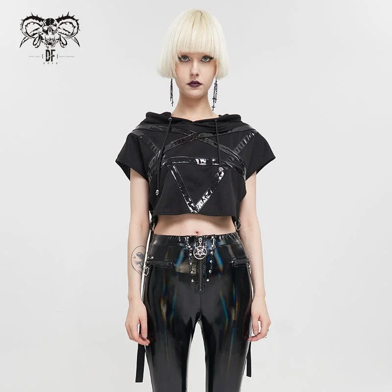 Women's Punk Strap Splice Asymmetric Short Sleeved Crop Top Contemporary 
