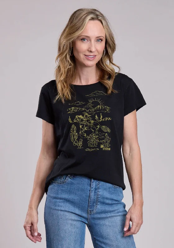 Stetson Womens Vintage Cowgirl Scene Black Cotton Blend S/S T-Shirt Practical Women's Quick - dry