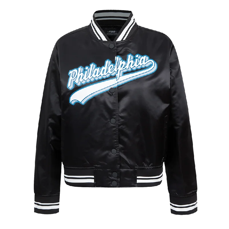 NFL PHILADELPHIA EAGLES SCRIPT TAIL WOMEN'S SATIN JACKET (BLACK)