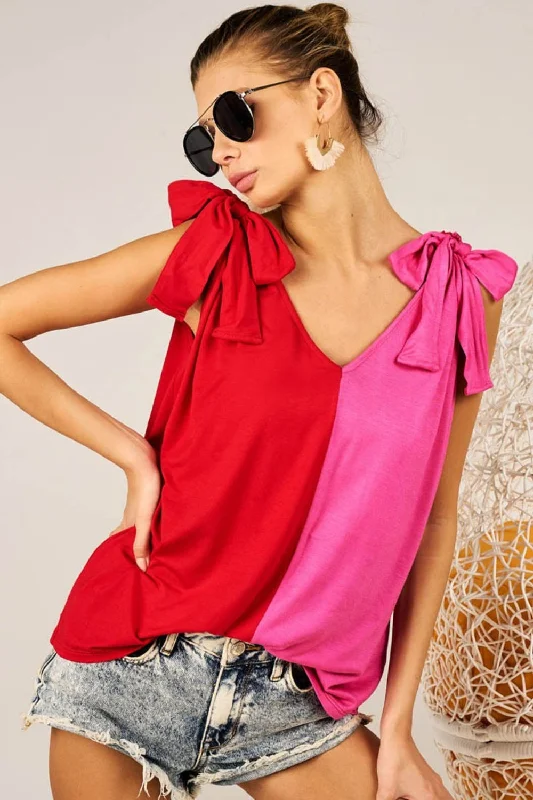 BiBi Shoulder Ribbon Tied Contrast Tank Dapper Women's Bow - adorned