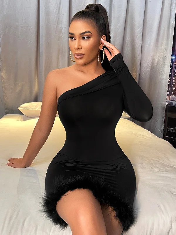 Plain Feather Long Sleeve One Shoulder Pencil Natural Short Dress Relaxed Women's 