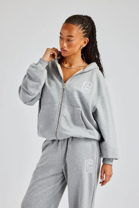 C Embroidered Zip Through Hoodie - Grey Marl Tough Women's Military - inspired