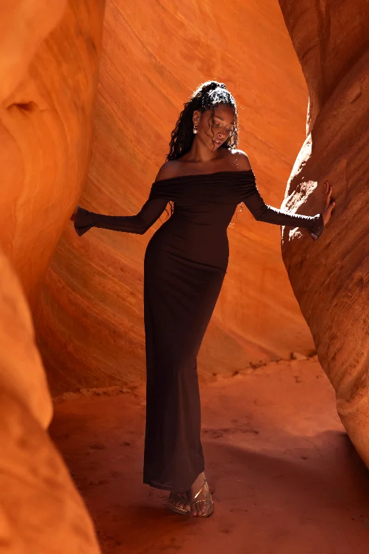 Josie Off Shoulder Mesh Maxi Dress - Dark Brown Compression