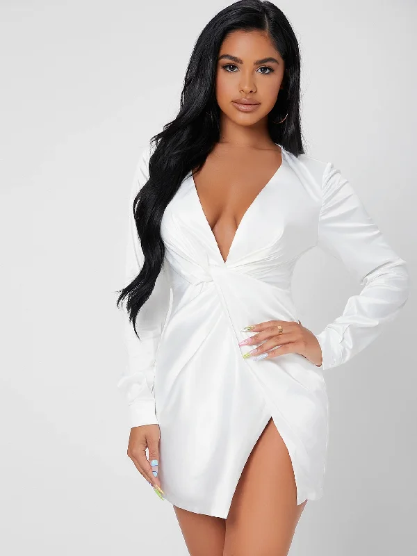 Plain Twist Long Sleeve Deep V Neck Wrap High Waist Mini Dress Trendy Women's Oversized