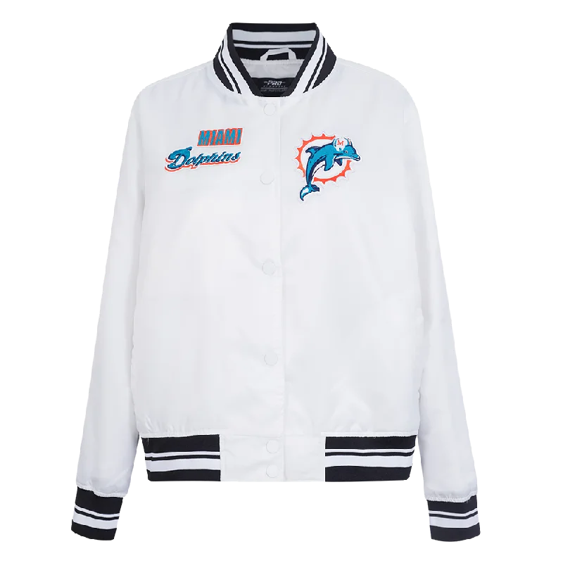NFL MIAMI DOLPHINS RETRO CLASSIC WOMEN'S RIB SATIN JCKET (WHITE/BLACK) Casual Women's Japanese NFL MIAMI DOLPHINS RETRO CLASSIC WOMEN'S RIB SATIN JCKET (WHITE/BLACK) Casual Women's Japanese