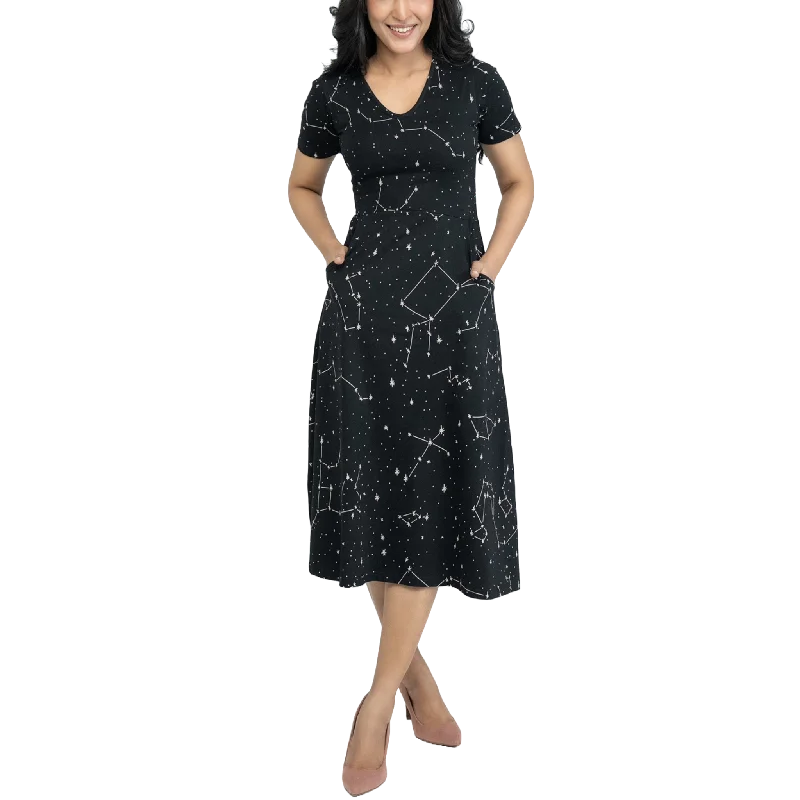 Constellations Glow-in-the-dark Short Sleeve Long Midi Dress (With Waist Seam) Dynamic Women's High - energy