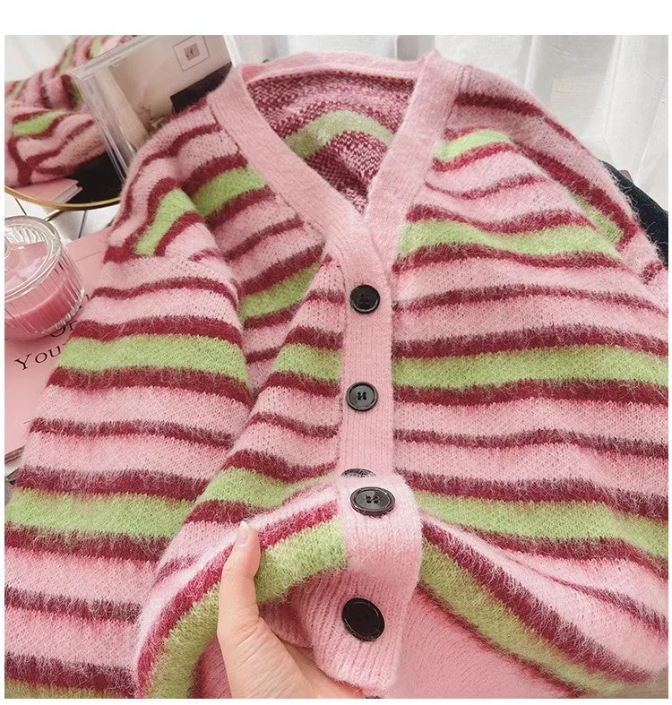 striped long-sleeved sweater jacket for women new soft knitted cardigan S4919 Sporty Women's Athleisure striped long-sleeved sweater jacket for women new soft knitted cardigan S4919 Sporty Women's Athleisure