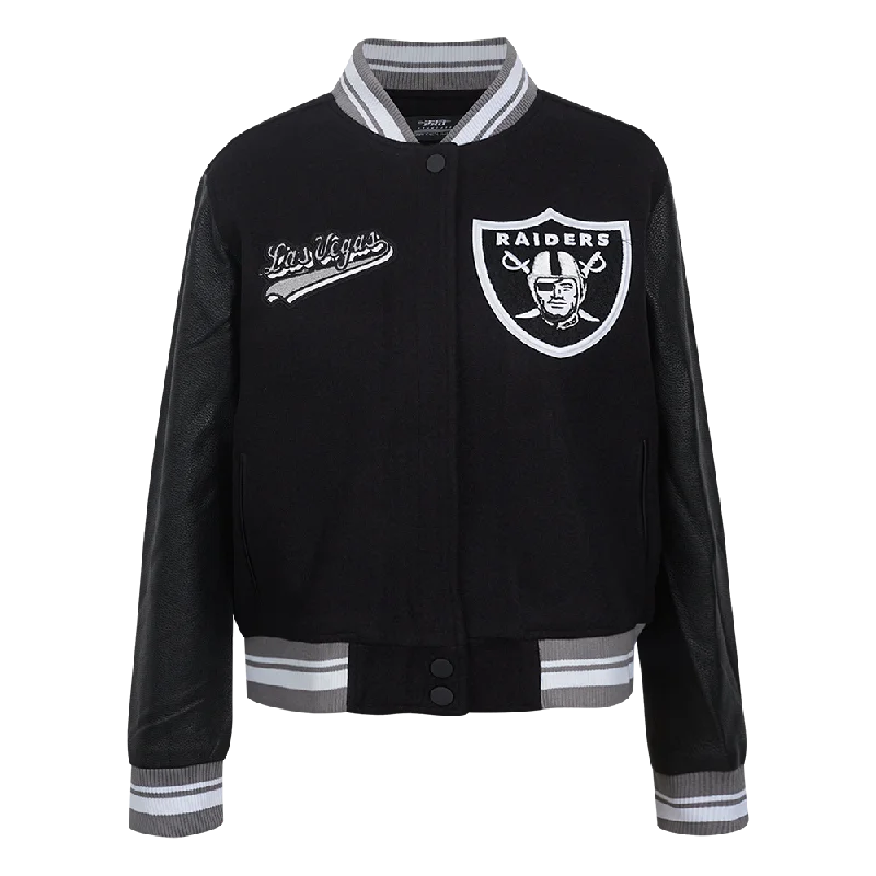 NFL LAS VEGAS RAIDERS SCRIPT TAIL WOMEN'S WOOL VARSITY JACKET (BLACK/GRAY) Country