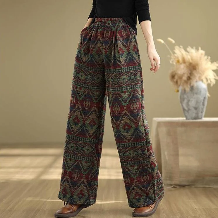Babakud Women Autumn Retro Jacquard Cotton Wide-Leg Pants Cashmere
