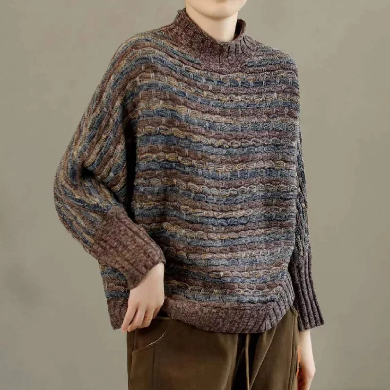 Women Color Block Striped Turtleneck Knitted Sweater Artistic Women's Avant - 
