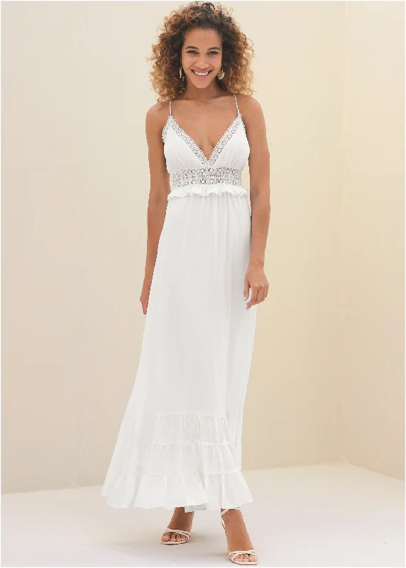 Crochet Detail Maxi Dress  - Off White Modern Women's 