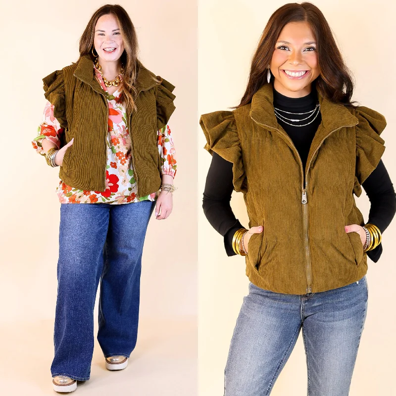 Winter Wanderlust Corduroy Puffer Vest with Ruffle Sleeves in Olive Green Cool Women's Distressed