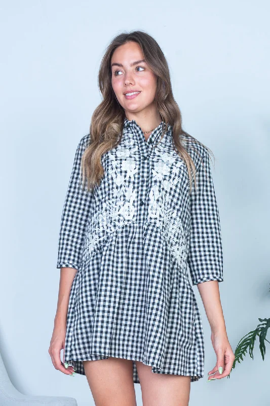 Bohemian Plaid Floral Embroidered 3/4 Sleeve Button Up Mini Dress with Spread Collar And Side Pockets (R1230) Youthful Women's Pop Bohemian Plaid Floral Embroidered 3/4 Sleeve Button Up Mini Dress with Spread Collar And Side Pockets (R1230) Youthful Women's Pop