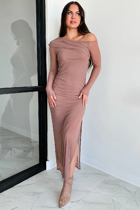 Leading Lady Energy Off The Shoulder Mesh Maxi Dress (Mocha) Cozy Women's Sherpa - lined
