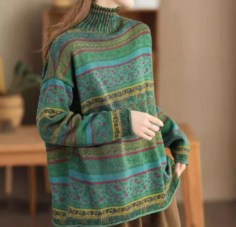 Vintage Floral Patterned Mock Neck Knit Sweater for Women Vacation