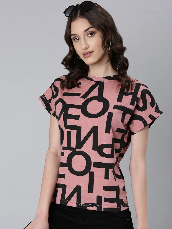 Women Mauve Typographic Boxy Tshirt Relaxed Women's 