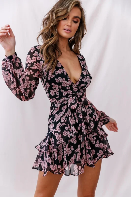 Kerry Layered Balloon Sleeve Dress Black/Pink Street