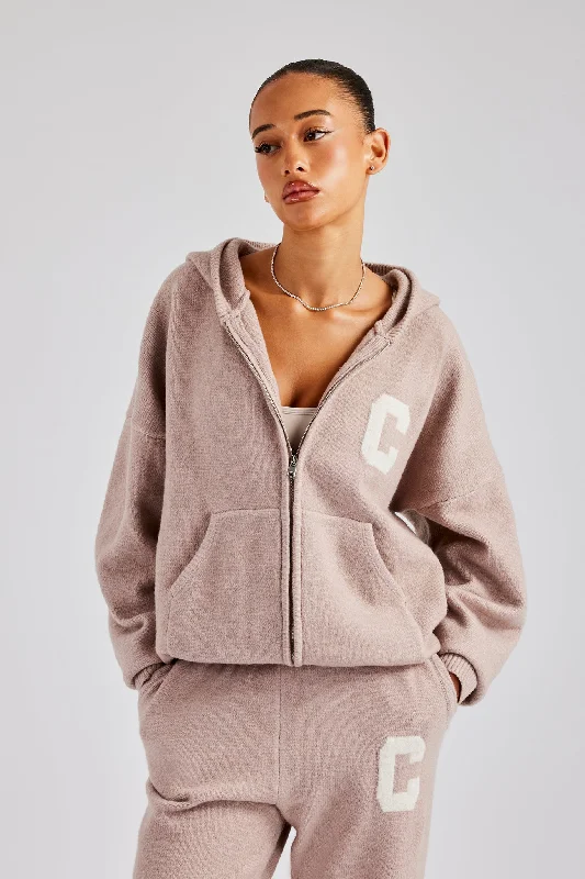 Hooded Zip Through Knitted Hoodie - Pink Hip Women's Urban