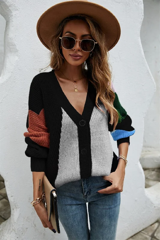Contrast Button Front V-Neck Cardigan Artistic Women's Avant - 