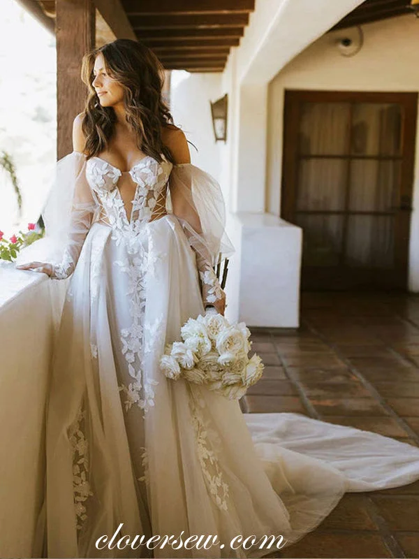Lace Applique Long Lantern Sleeves Off The Shoulder Ball Gown Wedding Dresses, CW0345 Refined Women's Classic Lace Applique Long Lantern Sleeves Off The Shoulder Ball Gown Wedding Dresses, CW0345 Refined Women's Classic
