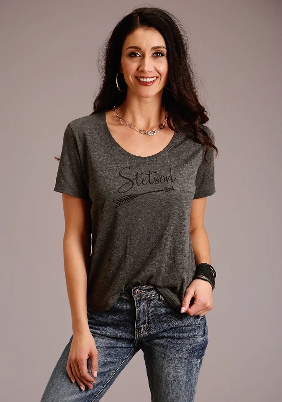 Stetson Womens Grey Polyester Logo Script S/S Arrow T-Shirt Laid - back Women's Vibe