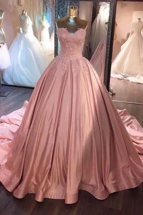 Sweetheart lace appliques pink satin long strapless A-line prom dress, ball gown, PD4558897 Polished Women's Silk