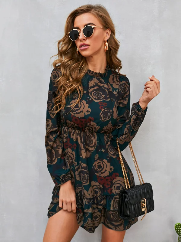 Floral Button Long Sleeve Stand Collar Flounce High Waist Short Dress Vintage Women's 1970S 